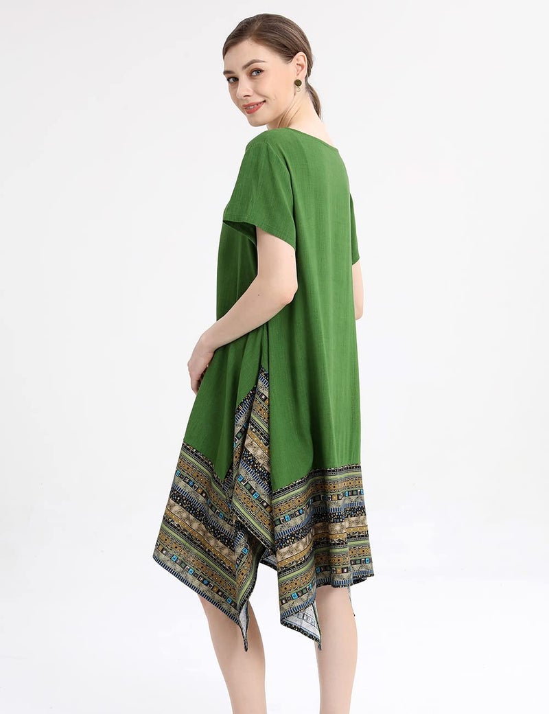 Minibee Women's Ethnic Cotton Linen Short Sleeves Irregular Tunic Dress (L, Green) - Image 3